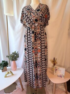 Navy Rust Floral Boho Wrap-Style Maxi Dress